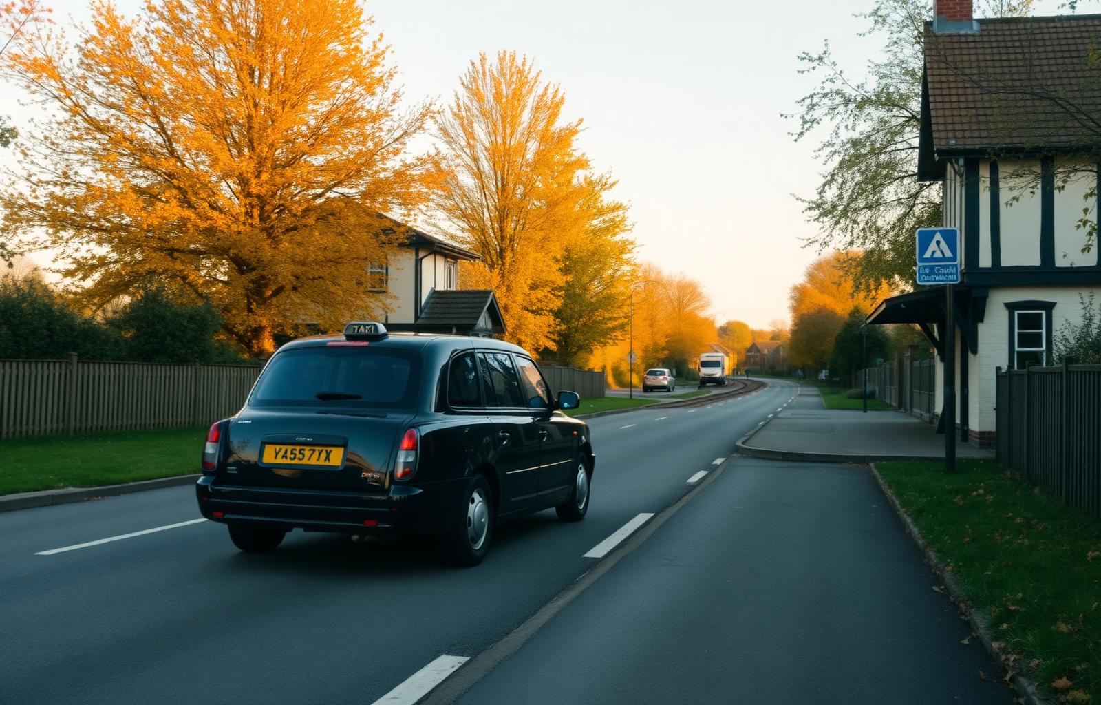 Local taxi on a Welwyn village road near the railway station at golden hour