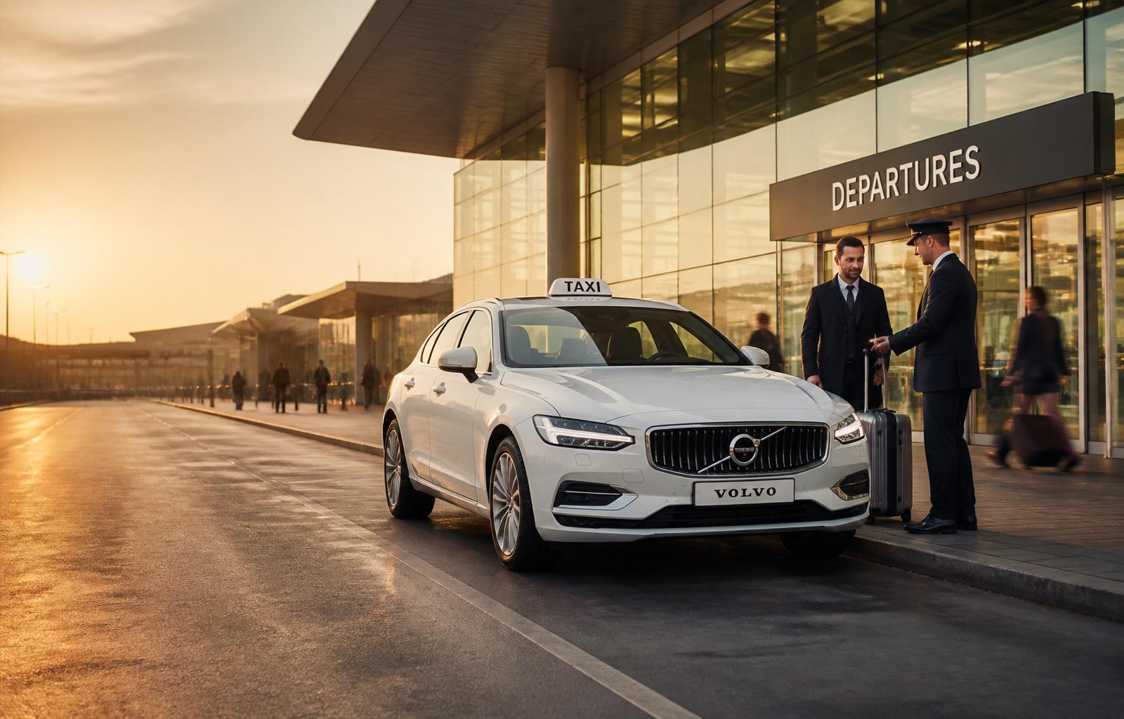 White Volvo airport taxi dropping a customer at the departures terminal at golden hour